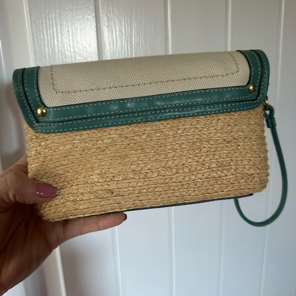 Coach Turnlock Straw and Canvas Clutch, blue/nude, small - Picture 7 of 8